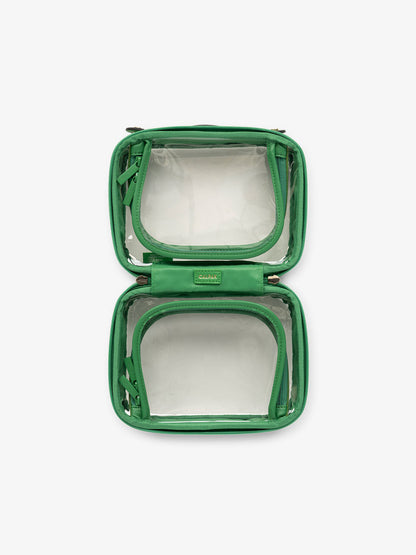 CALPAK small clear skincare bag with multiple zippered compartments in green apple; CCM2001-GREEN-APPLE