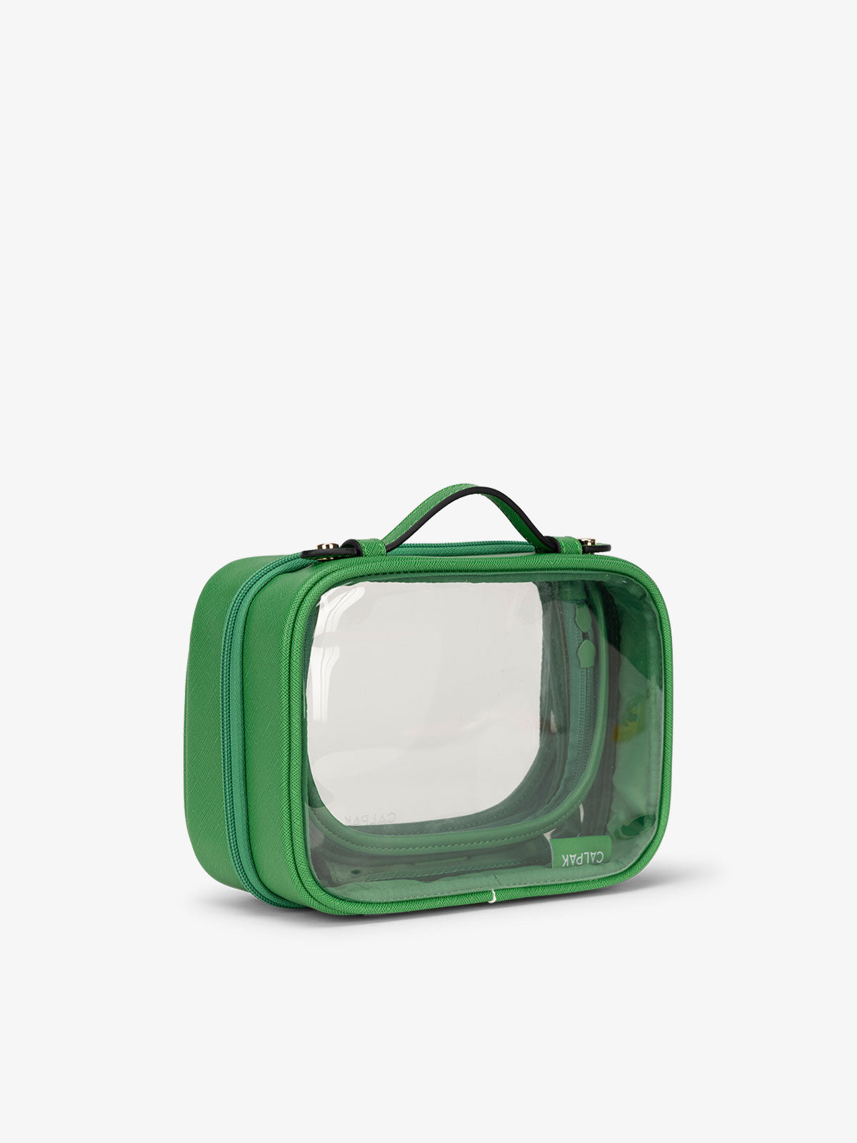 CALPAK small water resistant clear cosmetics case with sturdy handles in green apple; CCM2001-GREEN-APPLE