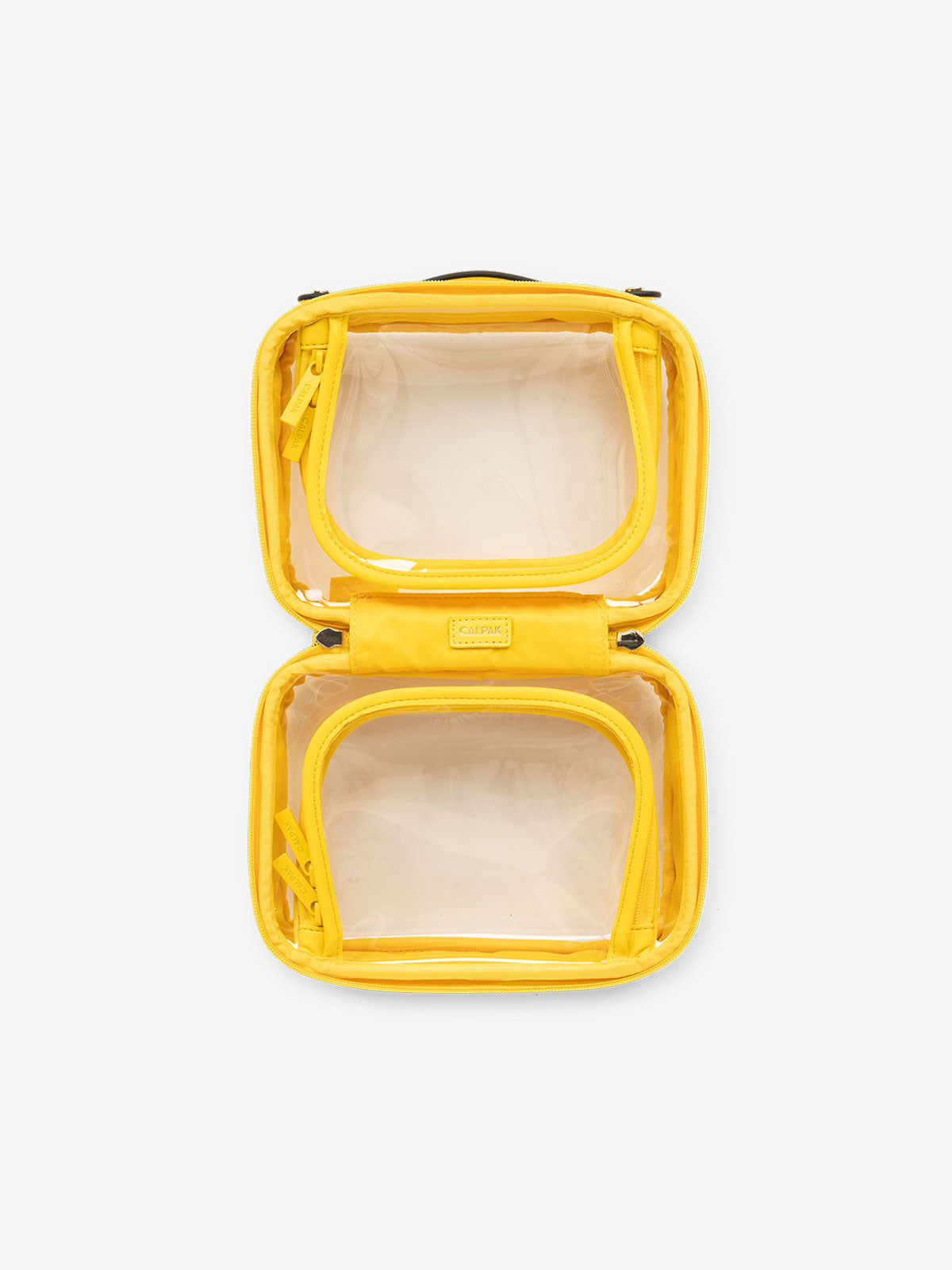 CALPAK small clear skincare bag with multiple zippered compartments in lemon yellow; CCM2001-LEMON