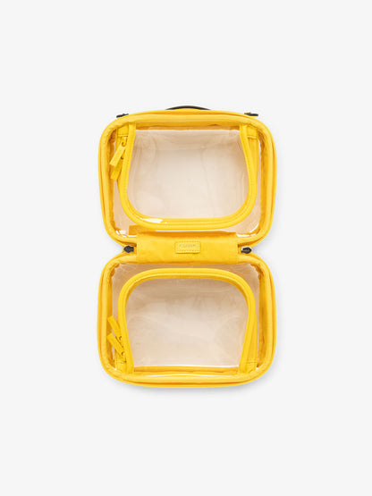 CALPAK small clear skincare bag with multiple zippered compartments in lemon yellow; CCM2001-LEMON