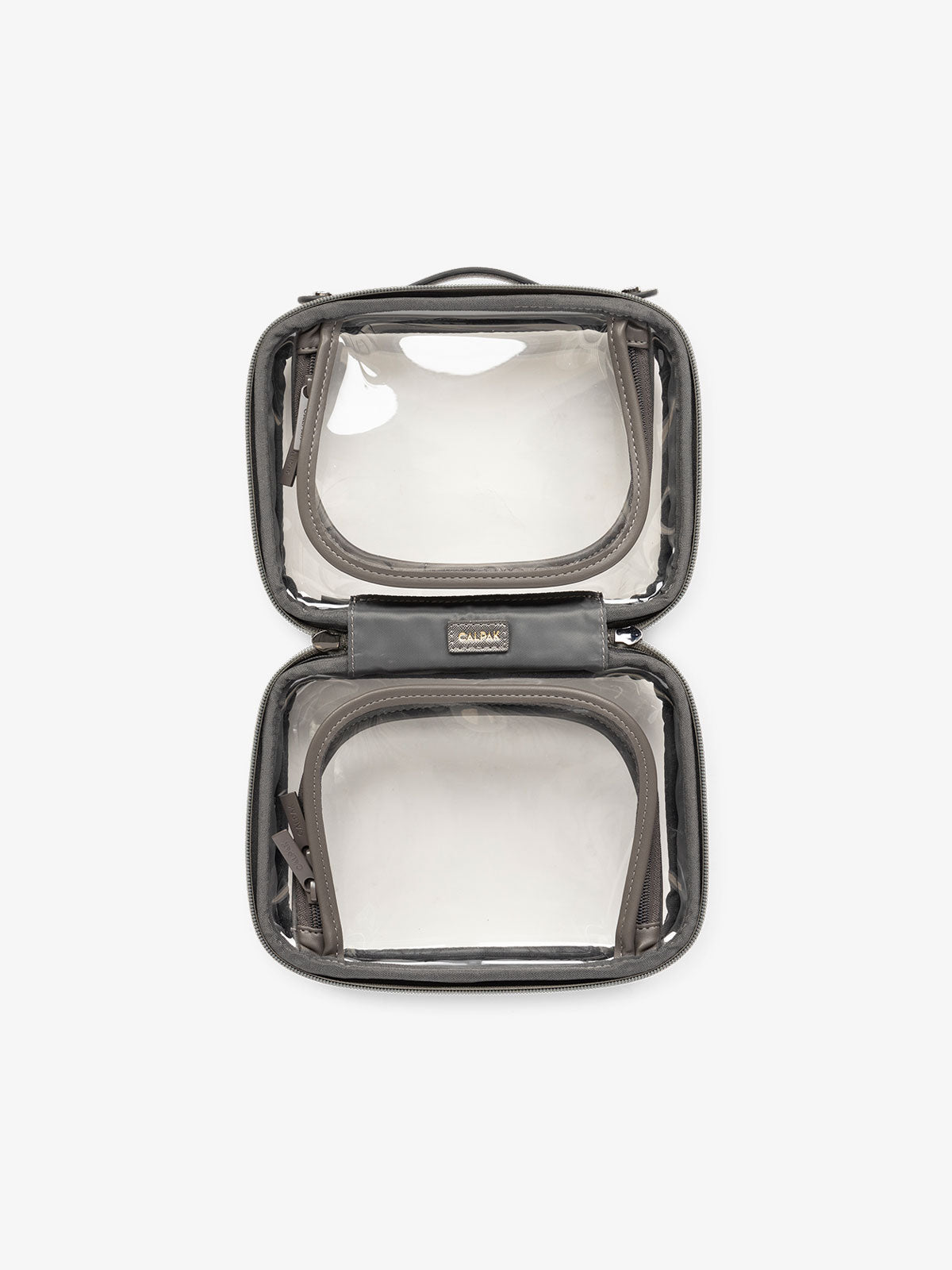 CALPAK small clear skincare bag with multiple zippered compartments in dark gray metallic steel; CCM2001-STEEL