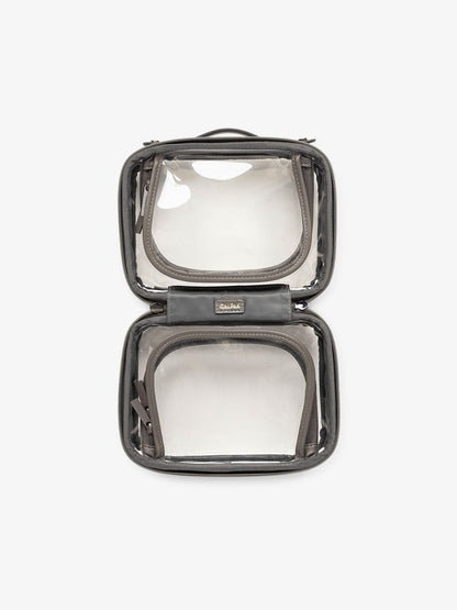 CALPAK small clear skincare bag with multiple zippered compartments in dark gray metallic steel; CCM2001-STEEL