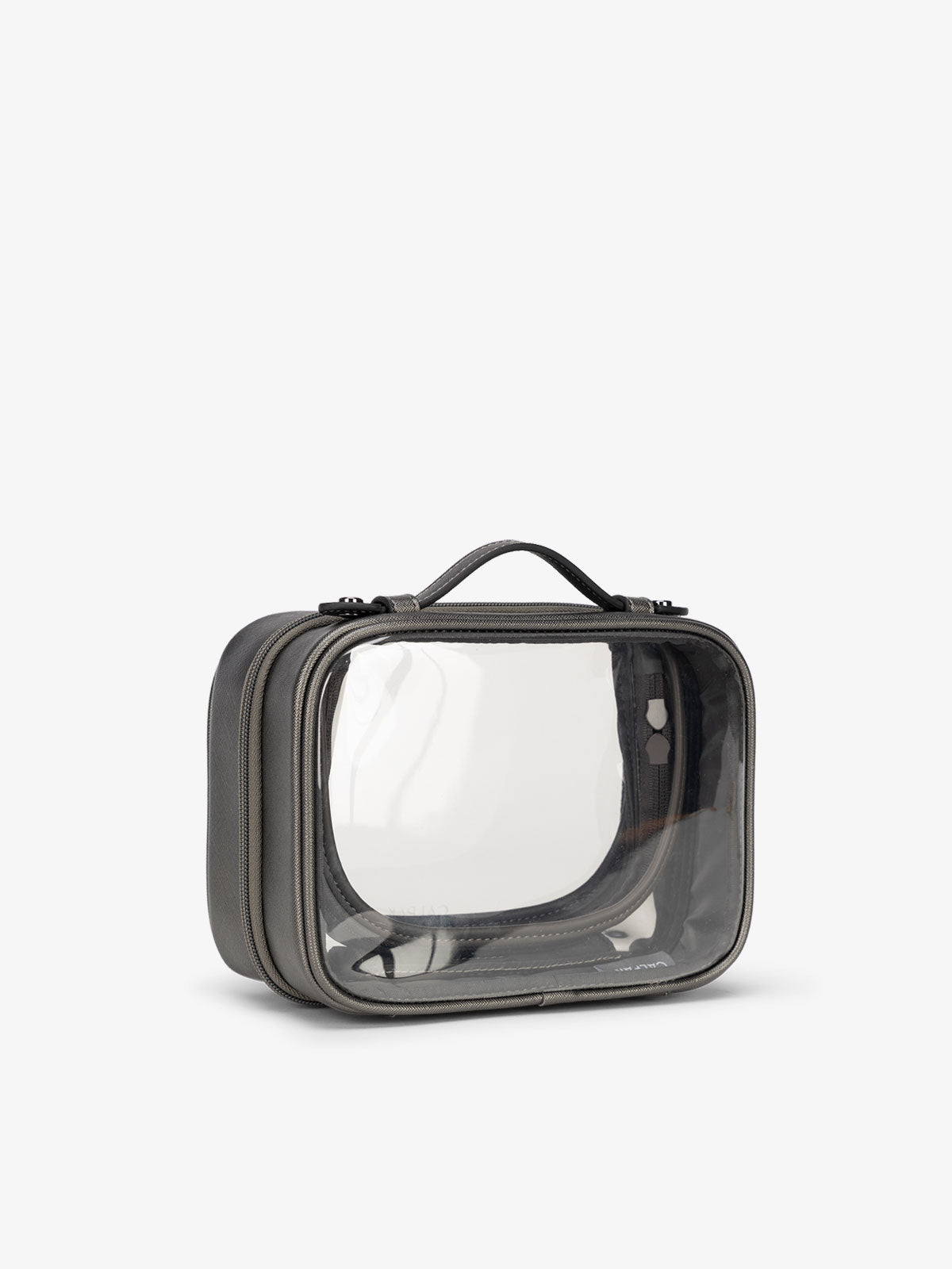 CALPAK small water resistant clear cosmetics case with sturdy handles in steel; CCM2001-STEEL