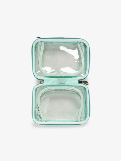 CALPAK small clear travel makeup bag with compartments in light blue; CCM2001-AQUA