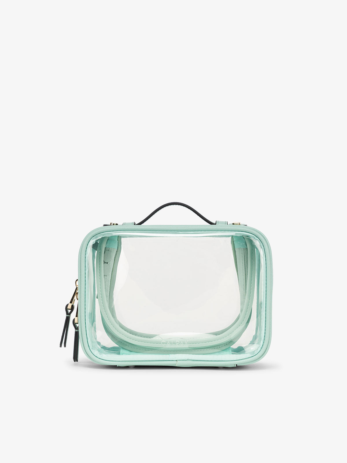 CALPAK small clear makeup bag with zippered compartments in aqua; CCM2001-AQUA