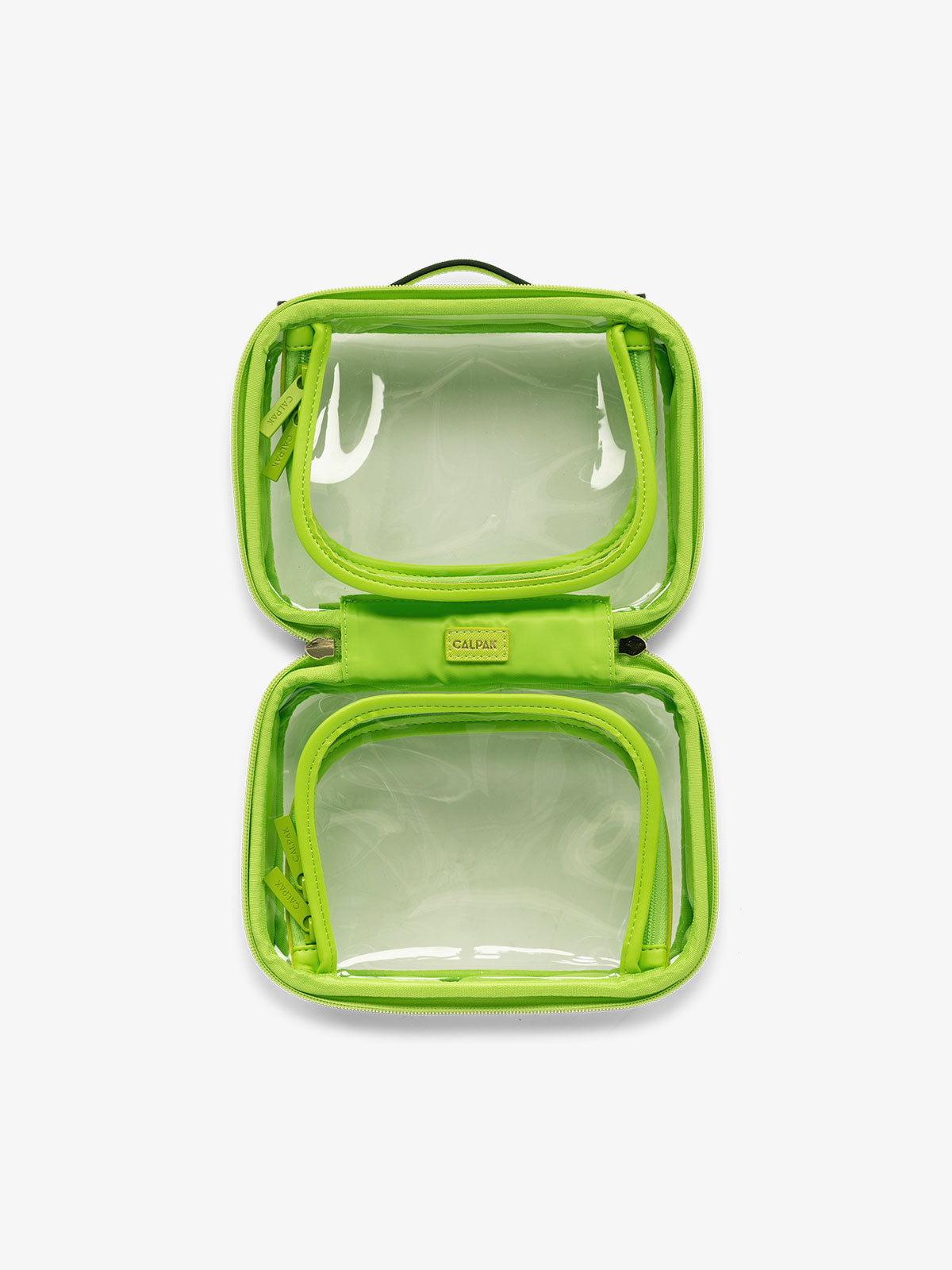CALPAK small clear skincare bag with multiple zippered compartments in electric green; CCM2001-ELECTRIC-LIME