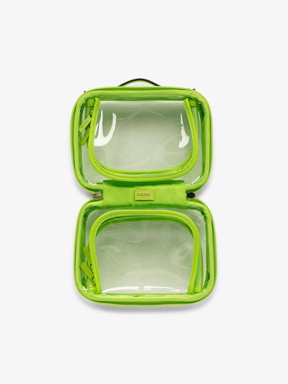 CALPAK small clear skincare bag with multiple zippered compartments in electric green; CCM2001-ELECTRIC-LIME