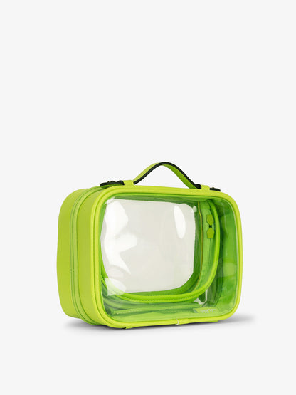 CALPAK small water resistant clear cosmetics case with sturdy handles in green; CCM2001-ELECTRIC-LIME