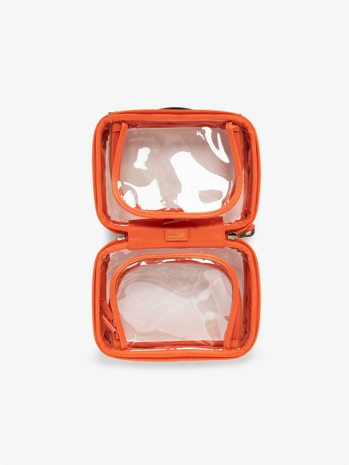 CALPAK small clear skincare bag with multiple zippered compartments in orange; CCM2001-PAPAYA