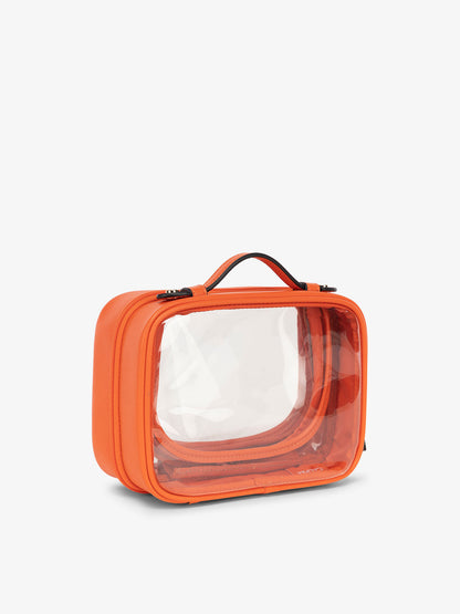 CALPAK small water resistant clear cosmetics case with sturdy handles in papaya orange; CCM2001-PAPAYA