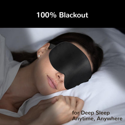 Person wearing a black sleep mask with text '100% Blackout' and 'for Deep Sleep Anytime, Anywhere'.
