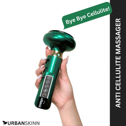 Hand holding a green anti-cellulite massager with 'Bye Bye Cellulite!' text and Urban Skinn branding.