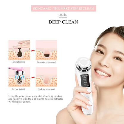 Woman holding a skincare device with text about deep cleaning and skincare steps.