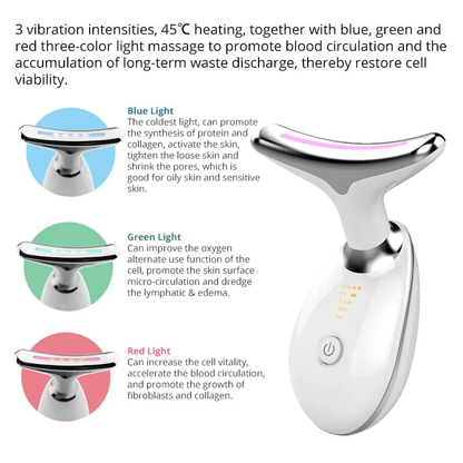 Microcurrent facial toning device with LED light therapy, heating, and ultrasonic features