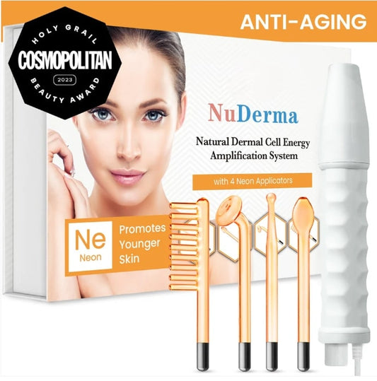 NuDerma High Frequency Wand anti-aging skincare kit with neon attachments
