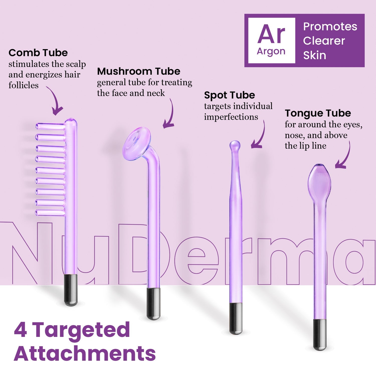 NuDerma Argon High Frequency Therapy Attachments – Comb, Mushroom, Spot and Tongue for complete skin care and treatment