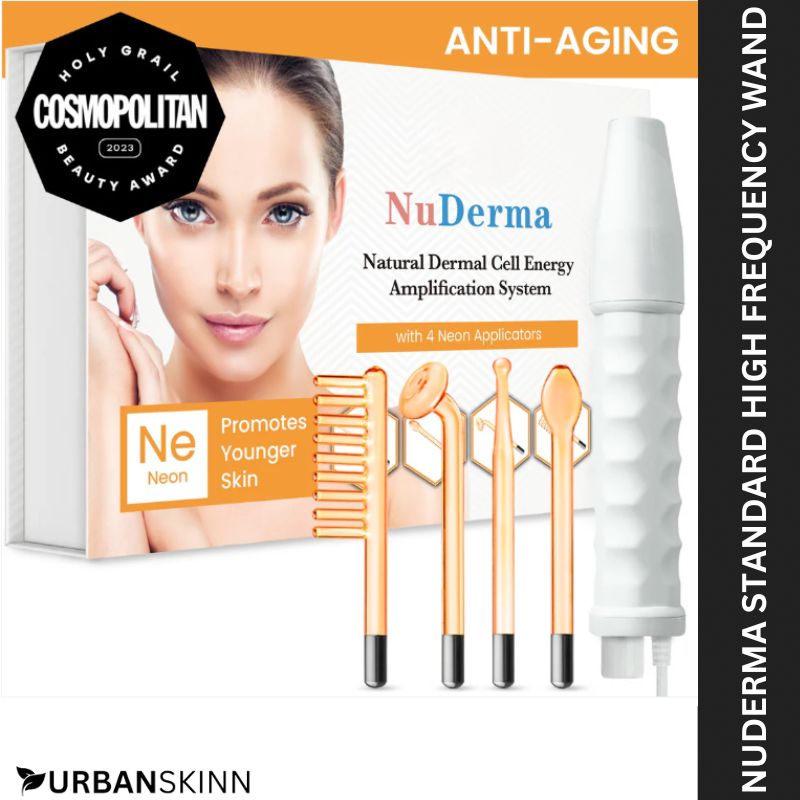 NuDerma High Frequency Wand anti-aging skincare kit with neon attachments